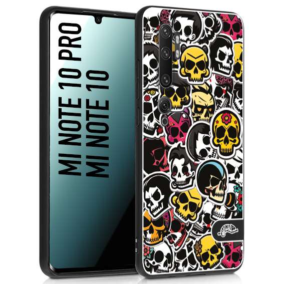 CUSTOMIZZA - Custodia cover nera morbida in tpu compatibile per Xiaomi Mi Note 10 - Mi Note 10 Pro sticker bomb teschi colorati adesivi skulls skater snowboard