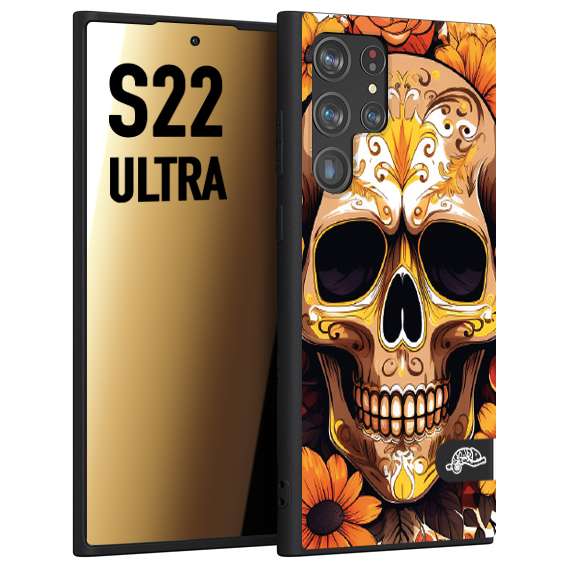 CUSTOMIZZA - Custodia cover nera morbida in tpu compatibile per Samsung S22 ULTRA teschio messicano colorato dorato fiori tattoo disegnato