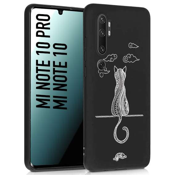 CUSTOMIZZA - Custodia cover nera morbida in tpu compatibile per Xiaomi Mi Note 10 - Mi Note 10 Pro gatto mandala stilizzato gattino a rilievo soft touch donna bianca