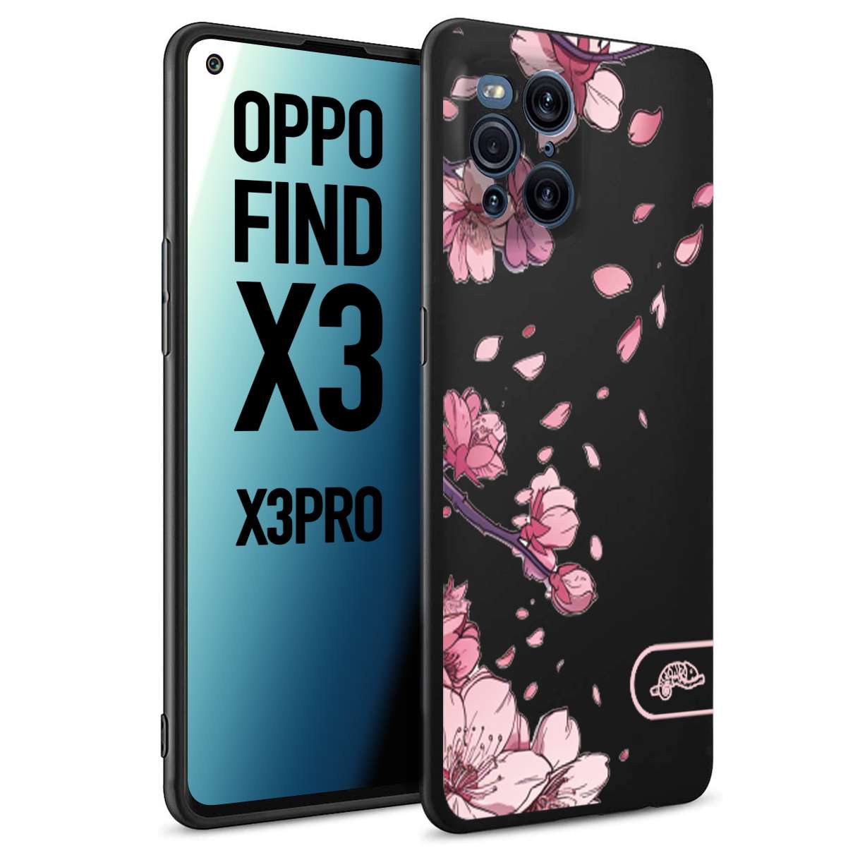 CUSTOMIZZA - Custodia cover nera morbida in tpu compatibile per Oppo Find X3 - Find X3 Pro 5G giapponese fiori di ciliegio in fiore a rilievo disegnata tattoo