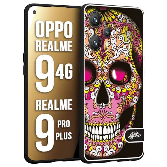 CUSTOMIZZA - Custodia cover nera morbida in tpu compatibile per Oppo Realme 9 4G - 9 PRO PLUS teschio messicano Mexican skull rosa gialla