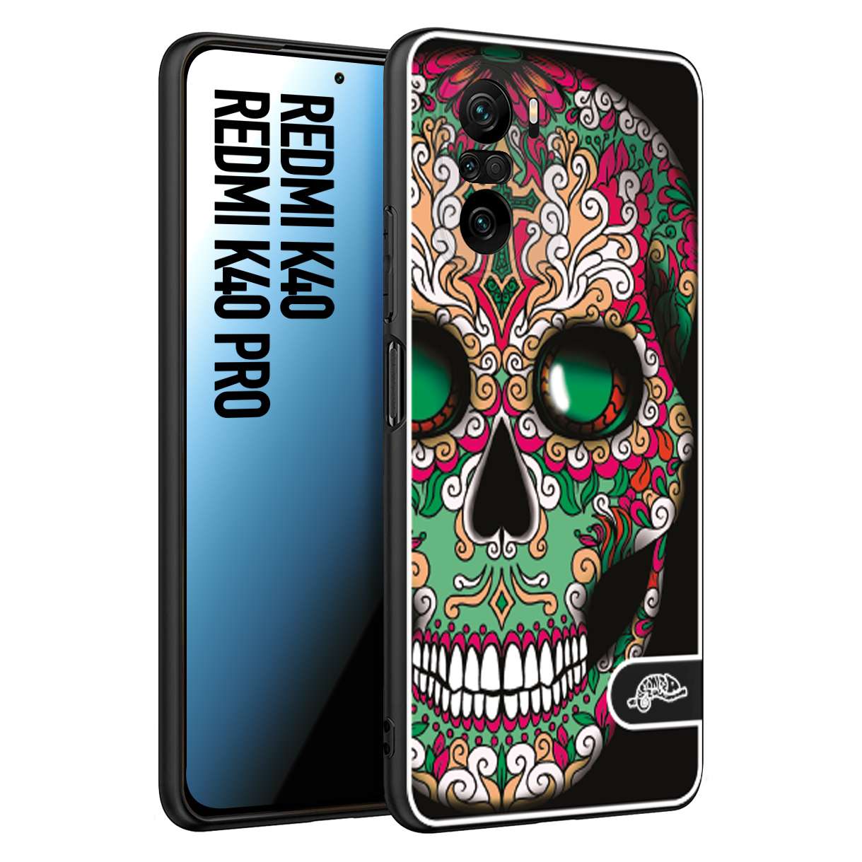 CUSTOMIZZA - Custodia cover nera morbida in tpu compatibile per Xiaomi Redmi K40 - K40 Pro teschio messicano Mexican skull verde fucsia