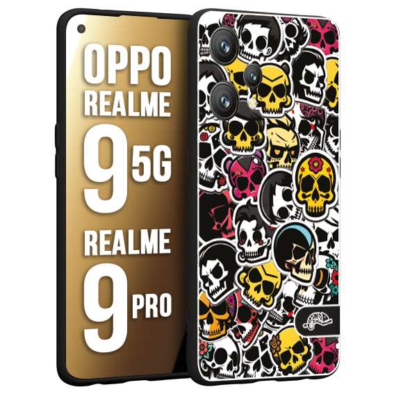 CUSTOMIZZA - Custodia cover nera morbida in tpu compatibile per Oppo Realme 9 5G - 9 PRO sticker bomb teschi colorati adesivi skulls skater snowboard