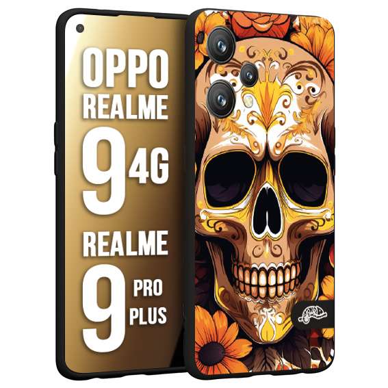 CUSTOMIZZA - Custodia cover nera morbida in tpu compatibile per Oppo Realme 9 4G - 9 PRO PLUS teschio messicano colorato dorato fiori tattoo disegnato