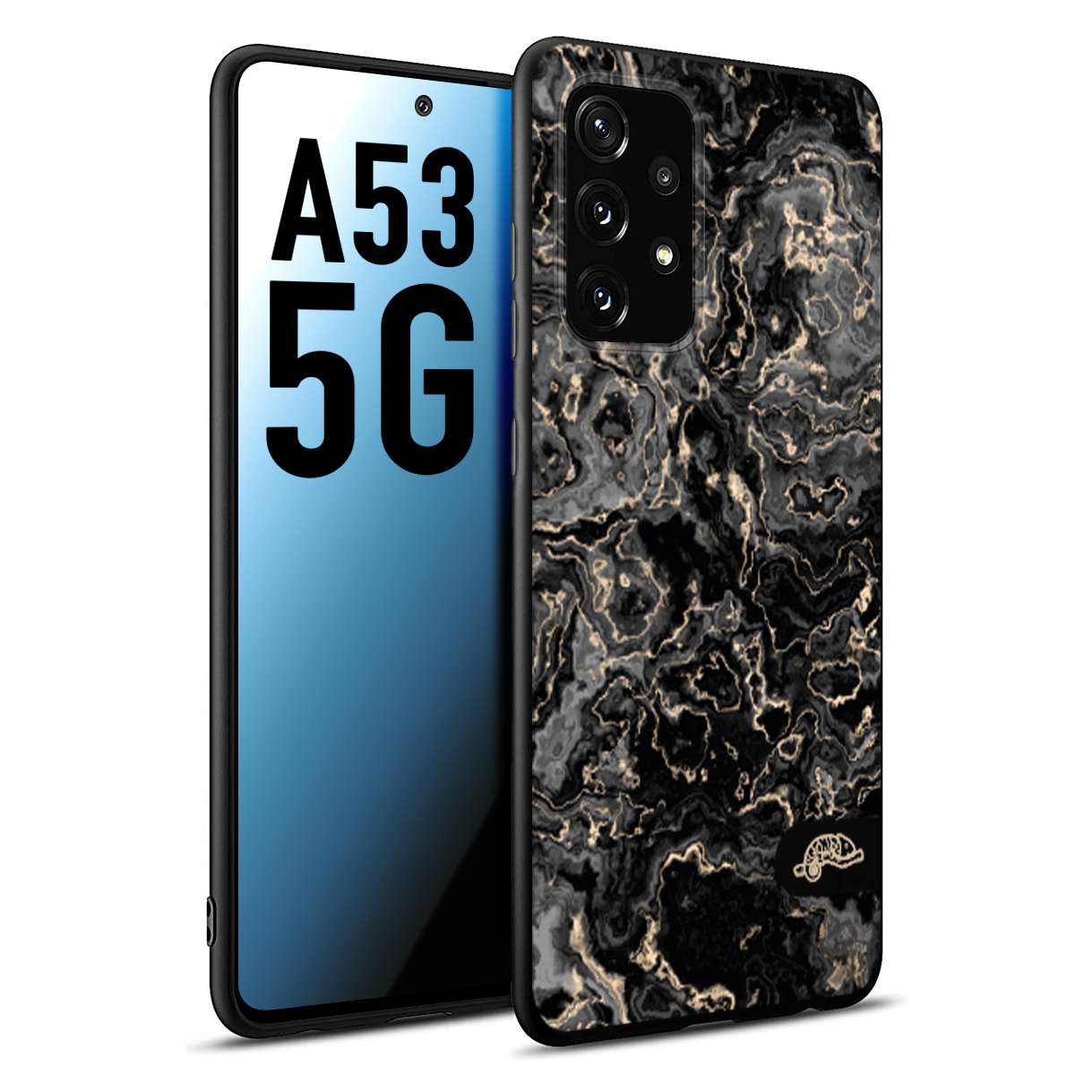 CUSTOMIZZA - Custodia cover nera morbida in tpu compatibile per Samsung A53 5G effetto marmo marble nero black venature dorato pietra