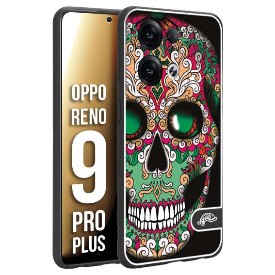 CUSTOMIZZA - Custodia cover nera morbida in tpu compatibile per Oppo Reno 9 PRO PLUS teschio messicano Mexican skull verde fucsia