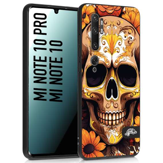 CUSTOMIZZA - Custodia cover nera morbida in tpu compatibile per Xiaomi Mi Note 10 - Mi Note 10 Pro teschio messicano colorato dorato fiori tattoo disegnato