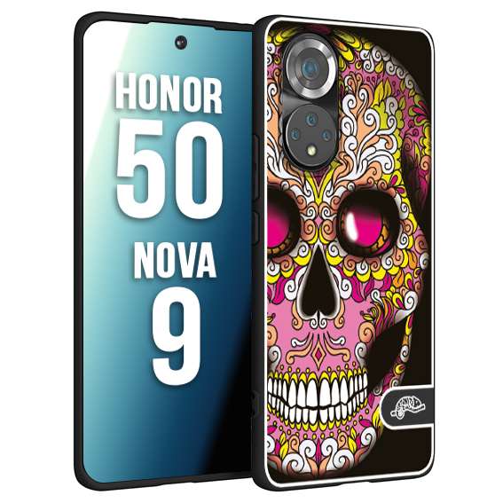 CUSTOMIZZA - Custodia cover nera morbida in tpu compatibile per Huawei Nova 9 - Honor 50 teschio messicano Mexican skull rosa gialla