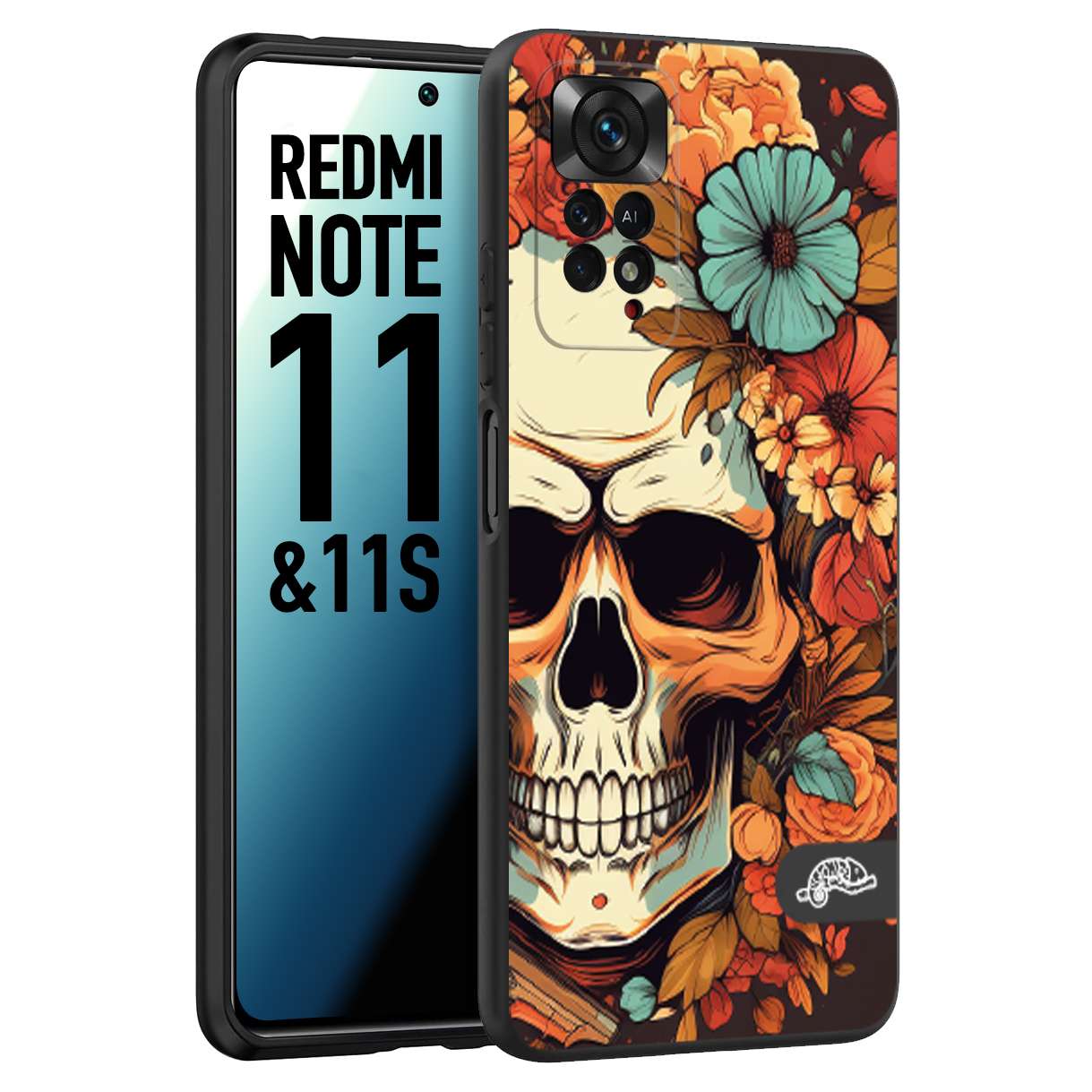 CUSTOMIZZA - Custodia cover nera morbida in tpu compatibile per Xiaomi Redmi Note 11 - Note 11S teschio skull flowers fiori autunnali arancio celeste tattoo