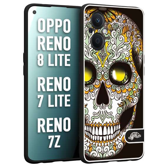 CUSTOMIZZA - Custodia cover nera morbida in tpu compatibile per Oppo Reno 7 Lite - 8 Lite - 7Z teschio messicano Mexican skull bianco verde giallo