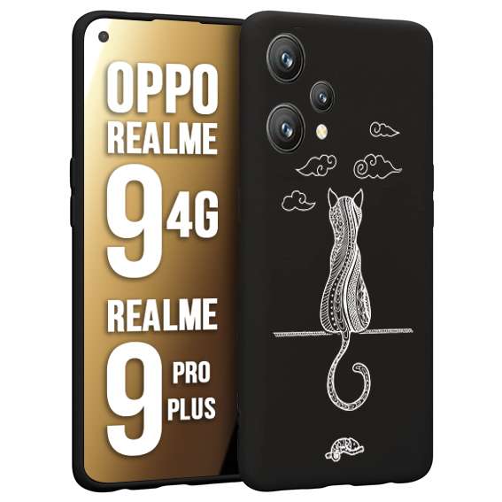 CUSTOMIZZA - Custodia cover nera morbida in tpu compatibile per Oppo Realme 9 4G - 9 PRO PLUS gatto mandala stilizzato gattino a rilievo soft touch donna bianca