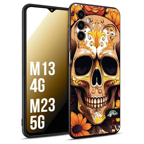 CUSTOMIZZA - Custodia cover nera morbida in tpu compatibile per Samsung M13 4G - M23 5G teschio messicano colorato dorato fiori tattoo disegnato