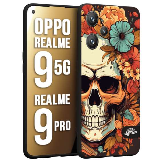 CUSTOMIZZA - Custodia cover nera morbida in tpu compatibile per Oppo Realme 9 5G - 9 PRO teschio skull flowers fiori autunnali arancio celeste tattoo