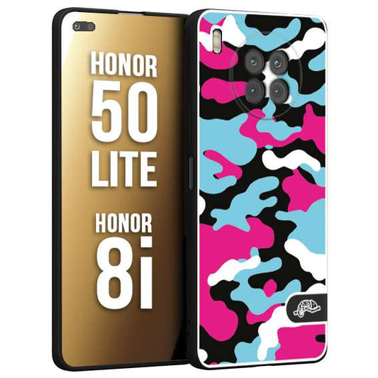 CUSTOMIZZA - Custodia cover nera morbida in tpu compatibile per Honor 8i - Honor 50 LITE camouflage mimetico militare fucsia celeste