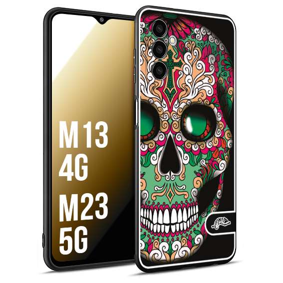 CUSTOMIZZA - Custodia cover nera morbida in tpu compatibile per Samsung M13 4G - M23 5G teschio messicano Mexican skull verde fucsia