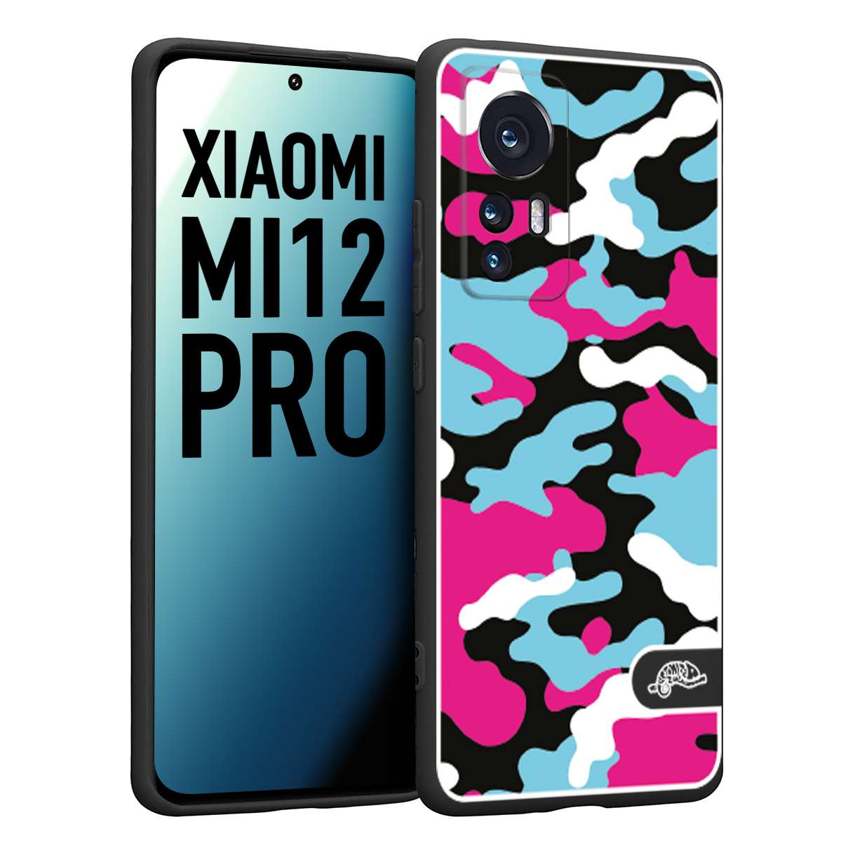 CUSTOMIZZA - Custodia cover nera morbida in tpu compatibile per Xiaomi 12 PRO camouflage mimetico militare fucsia celeste