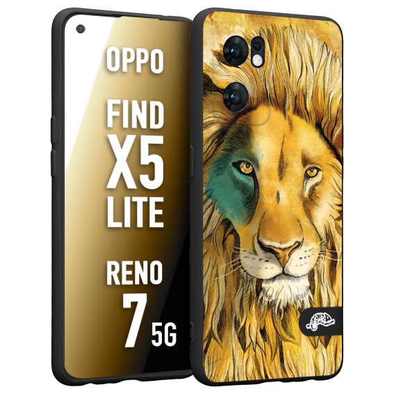 CUSTOMIZZA - Custodia cover nera morbida in tpu compatibile per Oppo Reno 7 - Find X5 LITE leone lion disegnato a mano giallo blu a rilievo artistico brown
