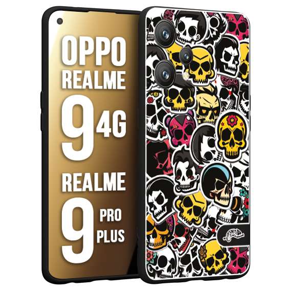 CUSTOMIZZA - Custodia cover nera morbida in tpu compatibile per Oppo Realme 9 4G - 9 PRO PLUS sticker bomb teschi colorati adesivi skulls skater snowboard