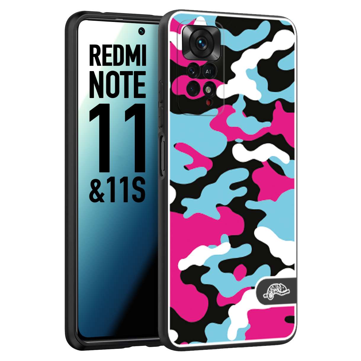 CUSTOMIZZA - Custodia cover nera morbida in tpu compatibile per Xiaomi Redmi Note 11 - Note 11S camouflage mimetico militare fucsia celeste