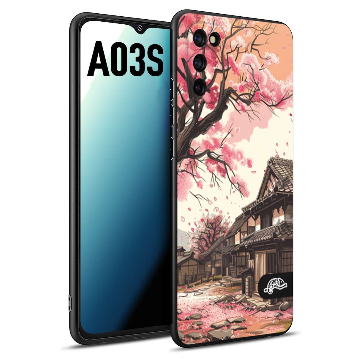 CUSTOMIZZA - Custodia cover nera morbida in tpu compatibile per Samsung A03S casa giapponese rosa ciliegio in fiore disegnata tattoo