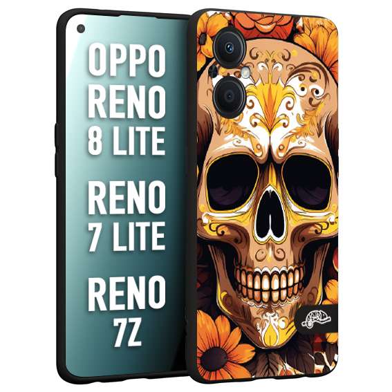 CUSTOMIZZA - Custodia cover nera morbida in tpu compatibile per Oppo Reno 7 Lite - 8 Lite - 7Z teschio messicano colorato dorato fiori tattoo disegnato