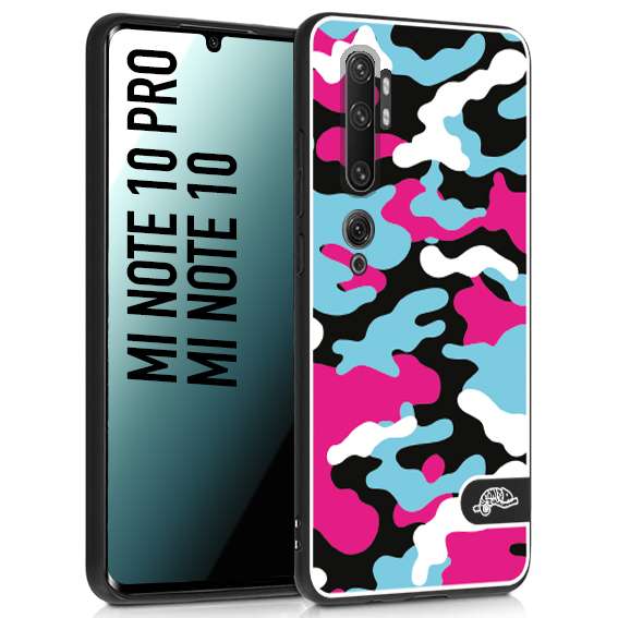CUSTOMIZZA - Custodia cover nera morbida in tpu compatibile per Xiaomi Mi Note 10 - Mi Note 10 Pro camouflage mimetico militare fucsia celeste