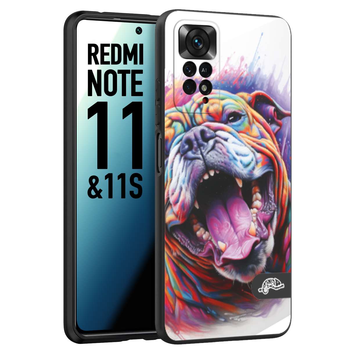 CUSTOMIZZA - Custodia cover nera morbida in tpu compatibile per Xiaomi Redmi Note 11 - Note 11S animali color bulldog cane dog colori vibranti disegnato schizzo