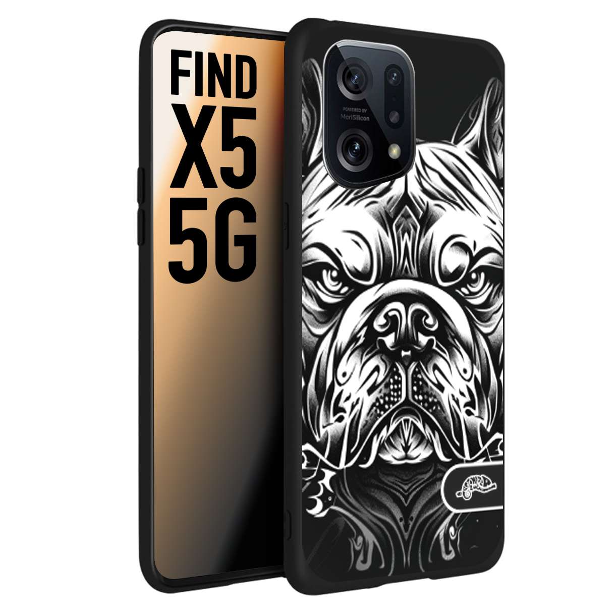 CUSTOMIZZA - Custodia cover nera morbida in tpu compatibile per Oppo Find X5 bulldog bianco a rilievo disegnato tattoo tatuaggio