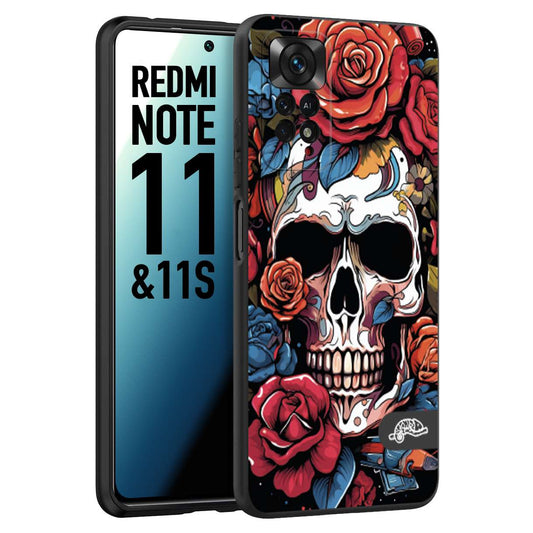 CUSTOMIZZA - Custodia cover nera morbida in tpu compatibile per Xiaomi Redmi Note 11 -  Note 11S teschio skull flowers fiori rose rosse tattoo disegnato