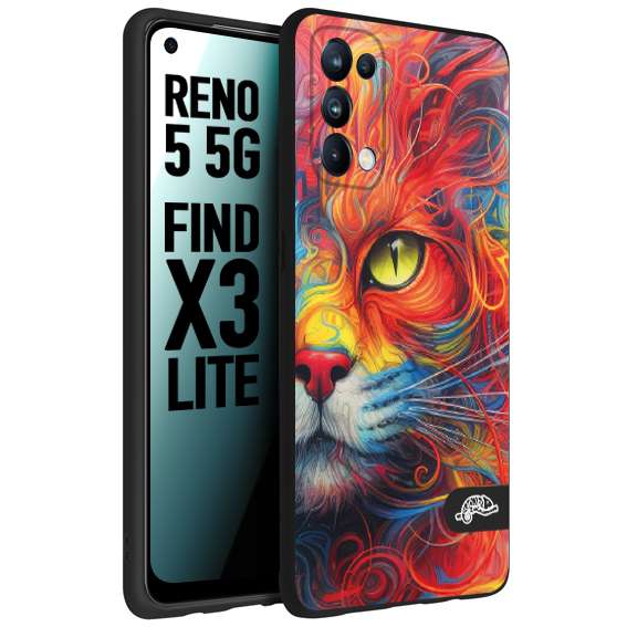 CUSTOMIZZA - Custodia cover nera morbida in tpu compatibile per Oppo Reno 5 5G animali color cat gatto viso colori vibranti disegnato schizzo