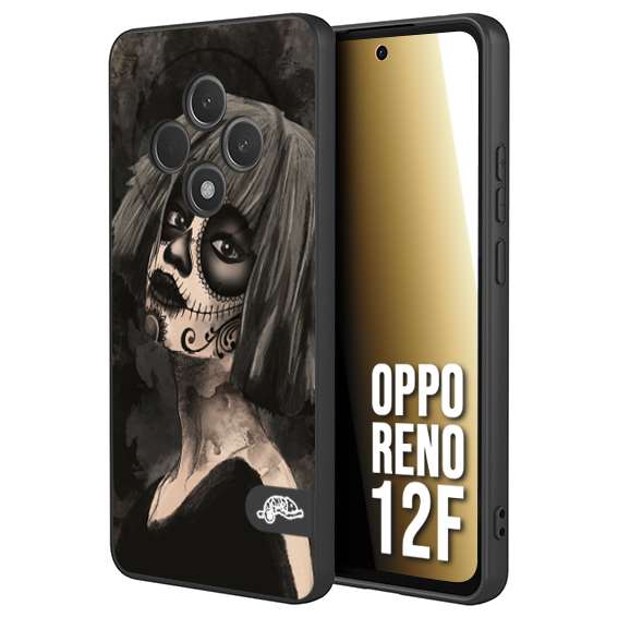 CUSTOMIZZA - Custodia cover nera morbida in tpu compatibile per Oppo Reno 12F chicana messicana dea de la muerte donna santa tattoo disegnata