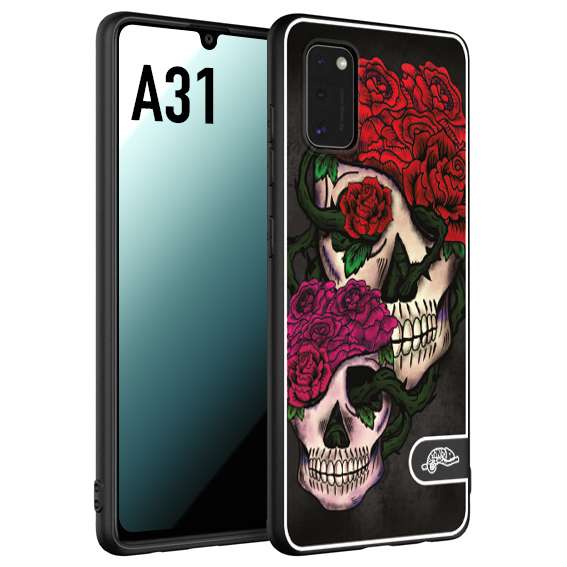 CUSTOMIZZA - Custodia cover nera morbida in tpu compatibile per Samsung A31 teschi e rose rosse fucsia skull and roses