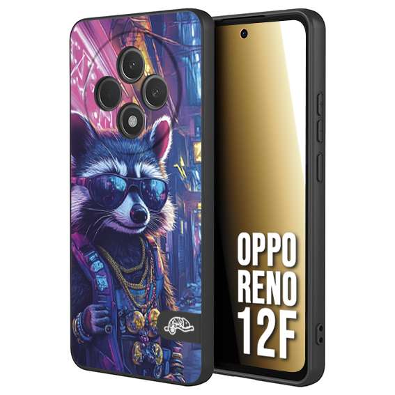 CUSTOMIZZA - Custodia cover nera morbida in tpu compatibile per Oppo Reno 12F animali simpatici cyberpunk procione racoon street cat fucsia blu giallo