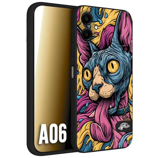 CUSTOMIZZA - Custodia cover nera morbida in tpu compatibile per Samsung A06 Sphynx Colorato Pop Art Psichedelico Gatto Blu Rosa Giallo Artistica Fantasy