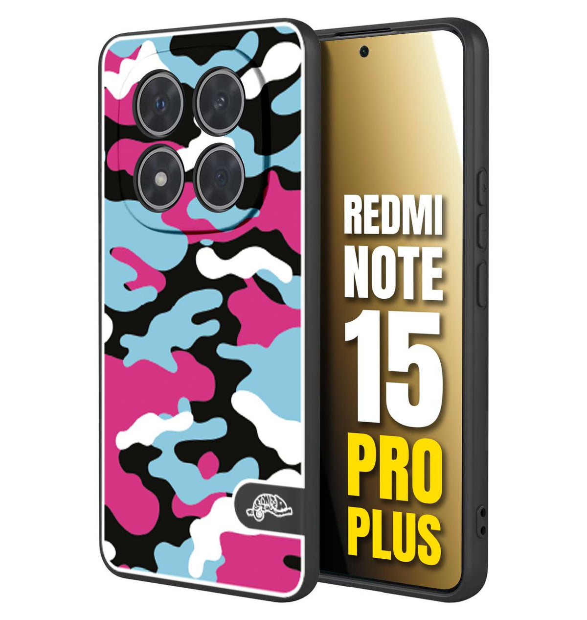 CUSTOMIZZA - Custodia cover nera morbida in tpu compatibile per Xiaomi Redmi Note 15 PRO PLUS camouflage mimetico militare fucsia celeste