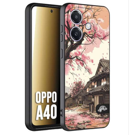 CUSTOMIZZA - Custodia cover nera morbida in tpu compatibile per Oppo A40 casa giapponese rosa ciliegio in fiore disegnata tattoo