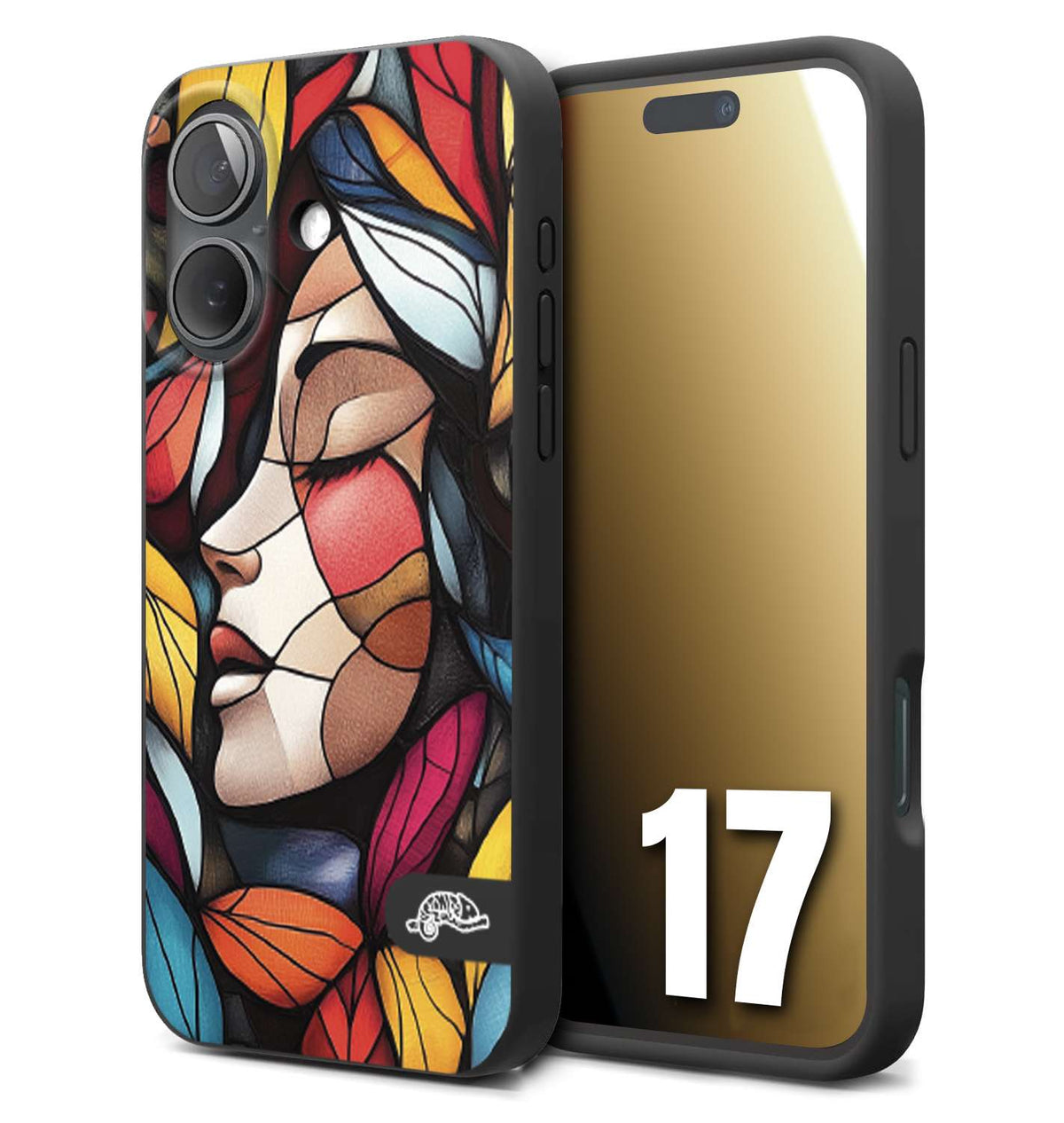 CUSTOMIZZA - Custodia cover nera morbida in tpu compatibile per iPhone 17 Vetrata artistica volto di donna profilo fogliare mosaico di vetro colorato