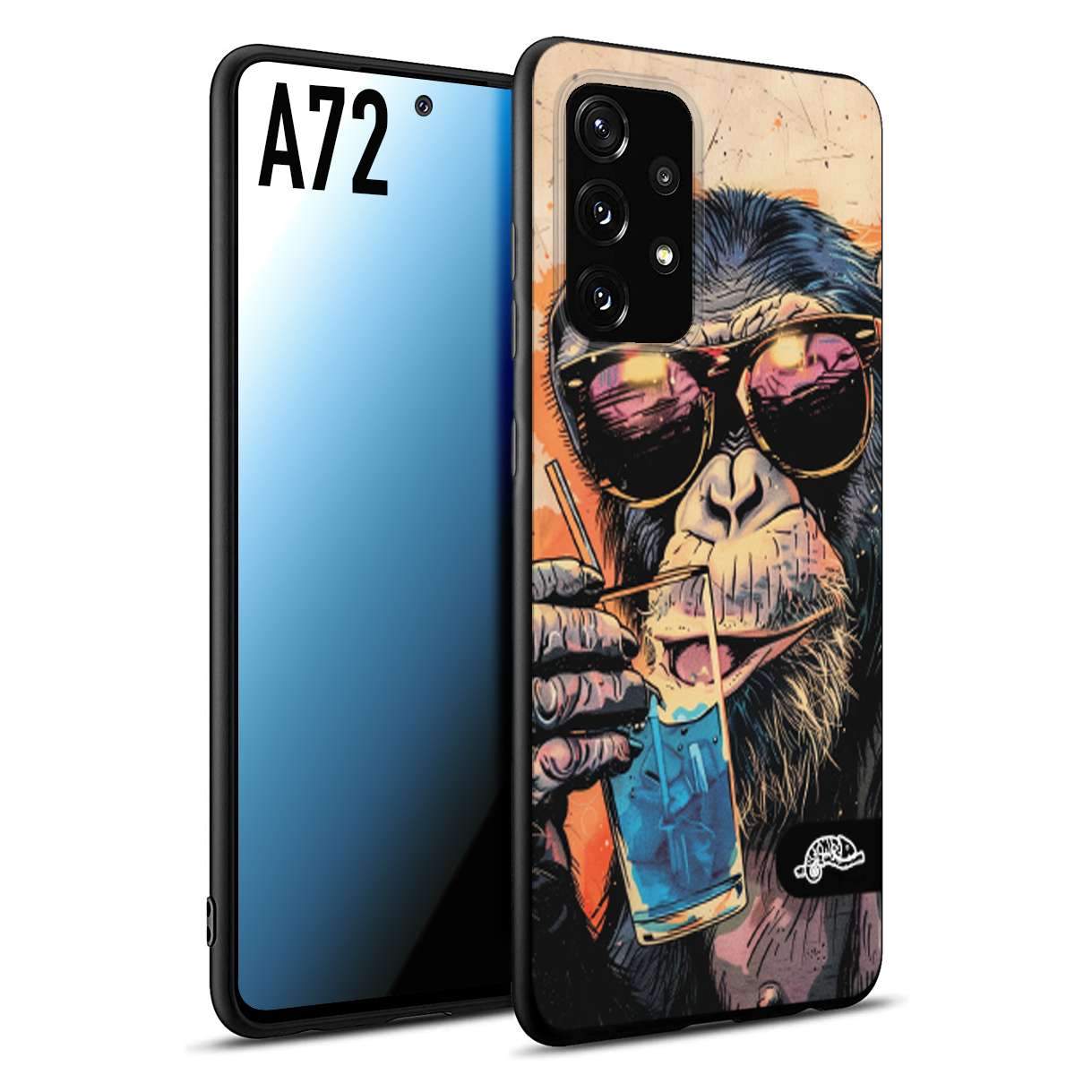 CUSTOMIZZA - Custodia cover nera morbida in tpu compatibile per Samsung A72 estate disegnata cocktails animali simpatici scimmia monkey negroni