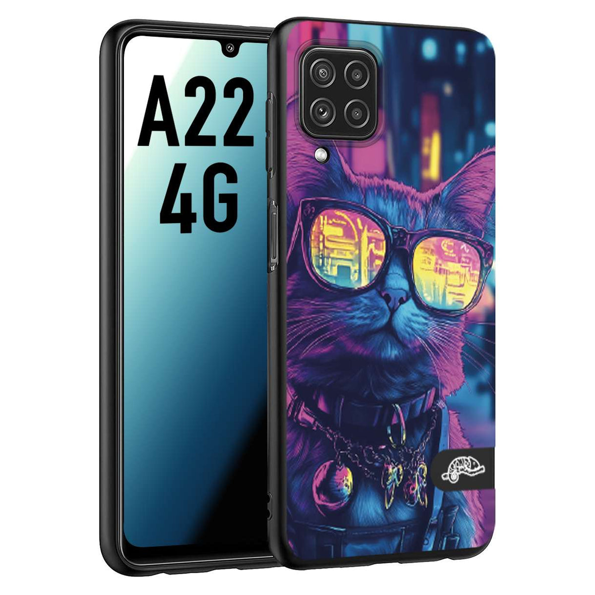CUSTOMIZZA - Custodia cover nera morbida in tpu compatibile per Samsung A22 4G animali cyberpunk gatto street cat fucsia blu giallo