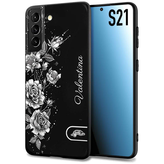 CUSTOMIZZA - Custodia cover nera morbida in tpu compatibile per Samsung S21 a rilievo soft touch personalizzata nome rose fiori donna