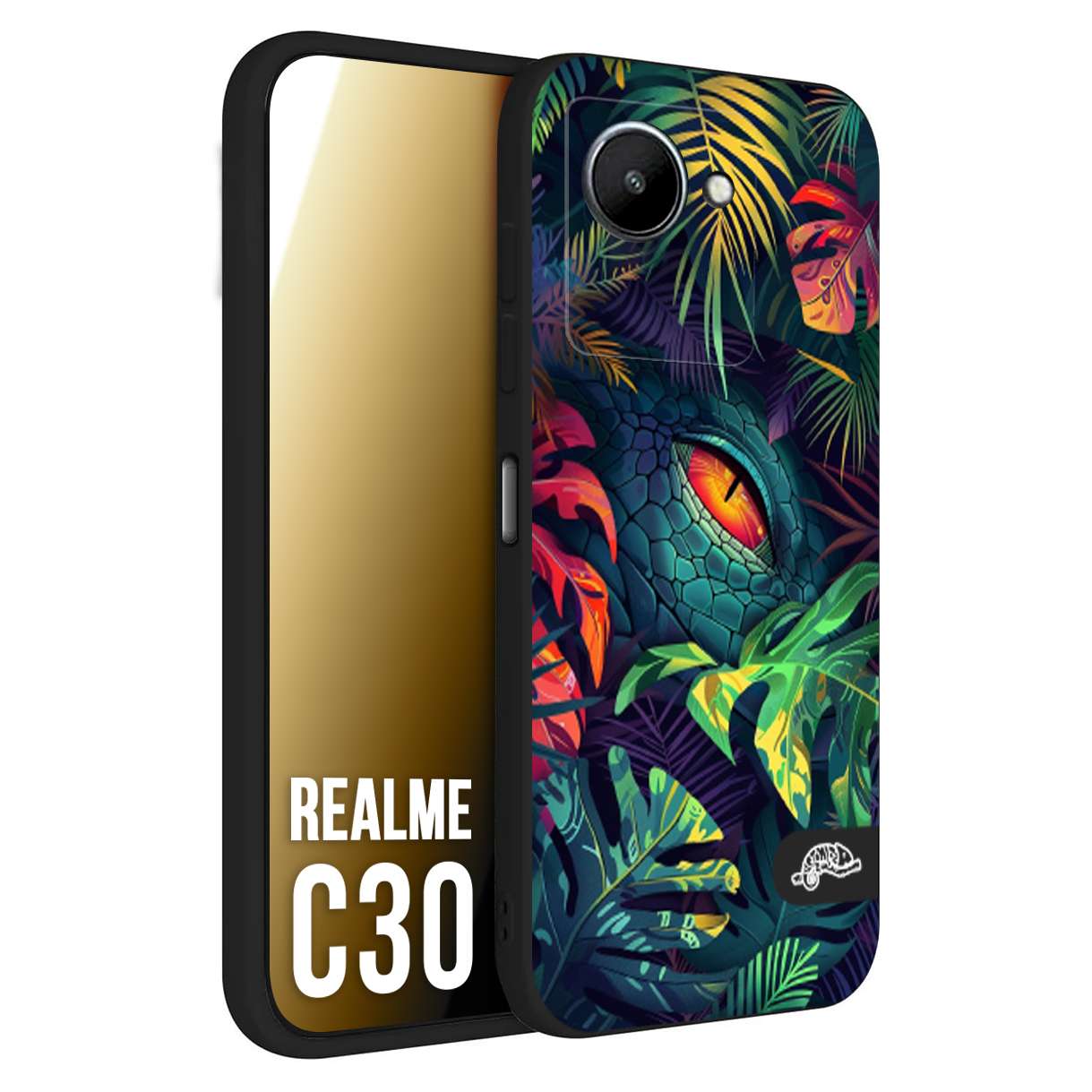 CUSTOMIZZA - Custodia cover nera morbida in tpu compatibile per Realme C30 animali color giungla tropicale occhio di coccodrillo alligatore disegnato