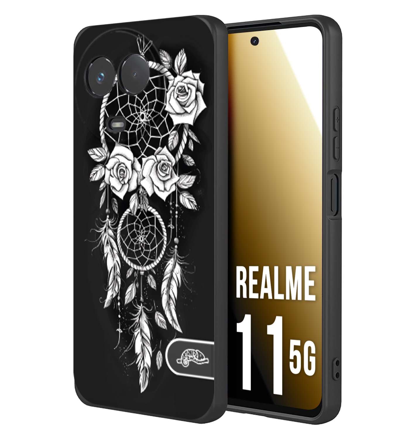 CUSTOMIZZA - Custodia cover nera morbida in tpu compatibile per Oppo Realme 11 5G acchiappasogni dreamcatcher black and white bianco a rilievo disegnato tattoo tatuaggio