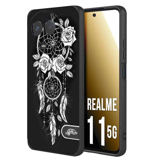 CUSTOMIZZA - Custodia cover nera morbida in tpu compatibile per Oppo Realme 11 5G acchiappasogni dreamcatcher black and white bianco a rilievo disegnato tattoo tatuaggio