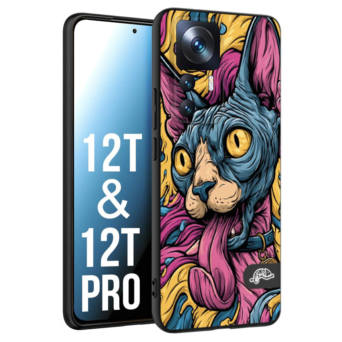 CUSTOMIZZA - Custodia cover nera morbida in tpu compatibile per Xiaomi 12T - 12T PRO Sphynx Colorato Pop Art Psichedelico Gatto Blu Rosa Giallo Artistica Fantasy