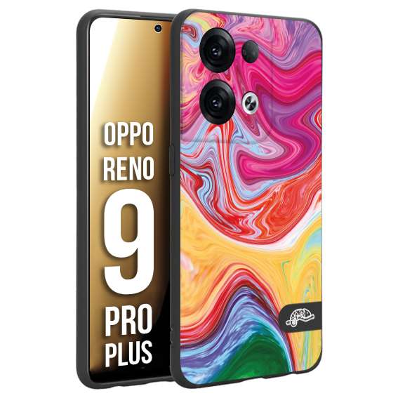 CUSTOMIZZA - Custodia cover nera morbida in tpu compatibile per Oppo Reno 9 PRO PLUS colorata fantasia vortice marmo onde verde fucsia gialla