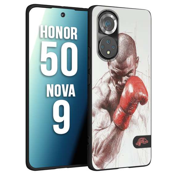 CUSTOMIZZA - Custodia cover nera morbida in tpu compatibile per Huawei Nova 9 - Honor 50 pugilato pugili disegno tattoo guantoni box sport primo piano