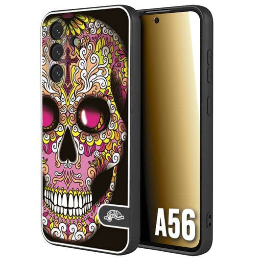 CUSTOMIZZA - Custodia cover nera morbida in tpu compatibile per Samsung A56 5G teschio messicano Mexican skull rosa gialla
