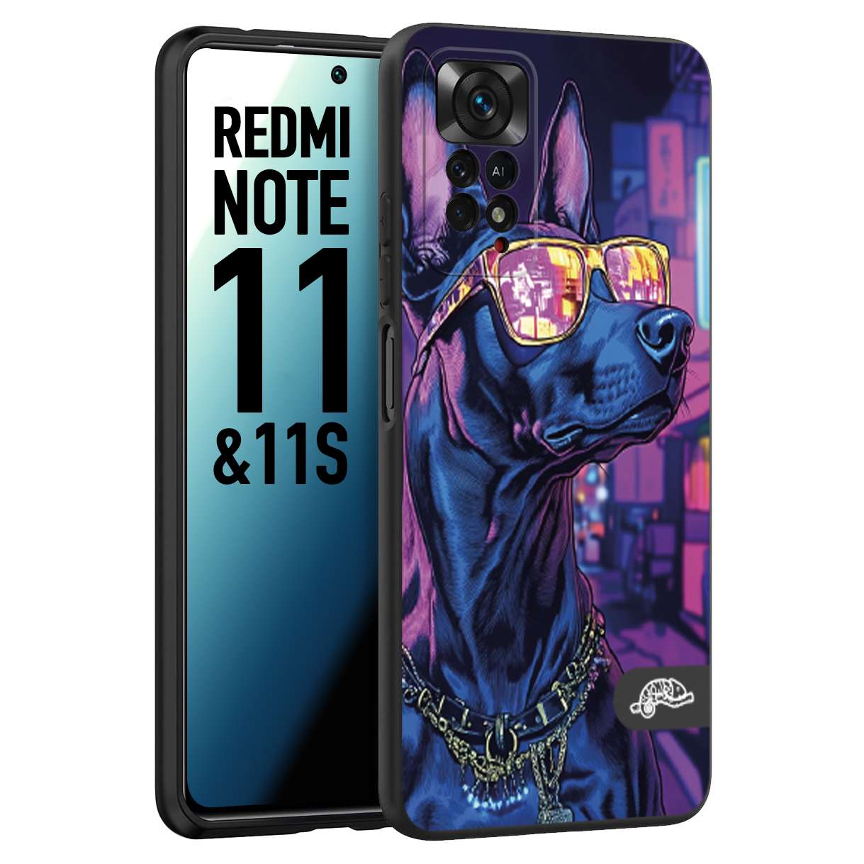 CUSTOMIZZA - Custodia cover nera morbida in tpu compatibile per Xiaomi Redmi Note 11 -  Note 11S animali cyberpunk dobermann cane street dog fucsia blu night