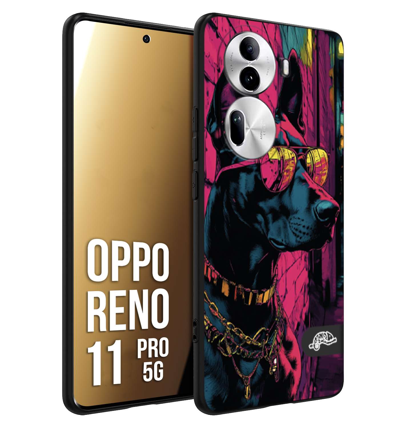 CUSTOMIZZA - Custodia cover nera morbida in tpu compatibile per Oppo Reno 11 PRO 5G animali cyberpunk dobermann cane street dog fucsia blu