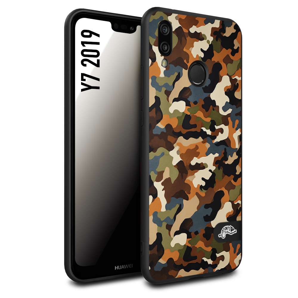 CUSTOMIZZA - Custodia cover nera morbida in tpu compatibile per Huawei Y7 2019 camouflage mimetico militare moderno blu marrone beige